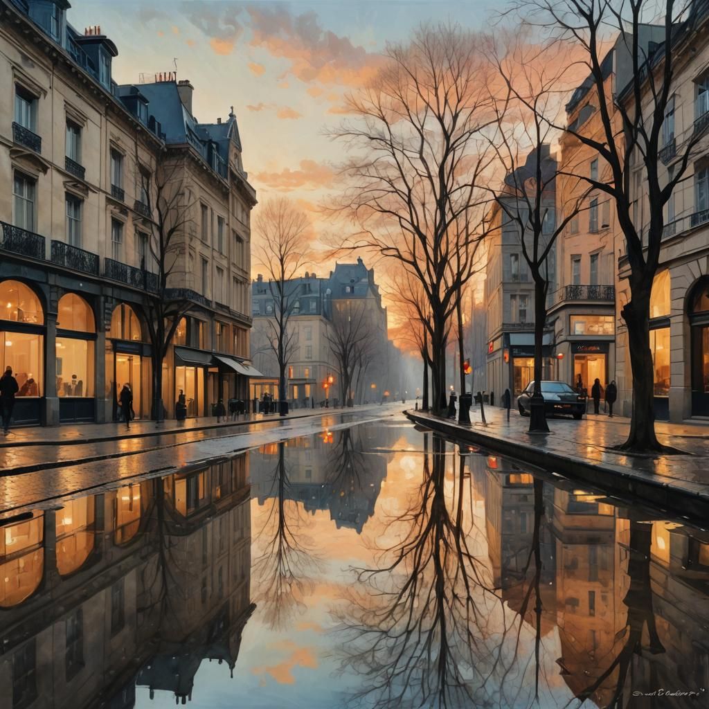Dreamlike European Street Scene at Golden Hour