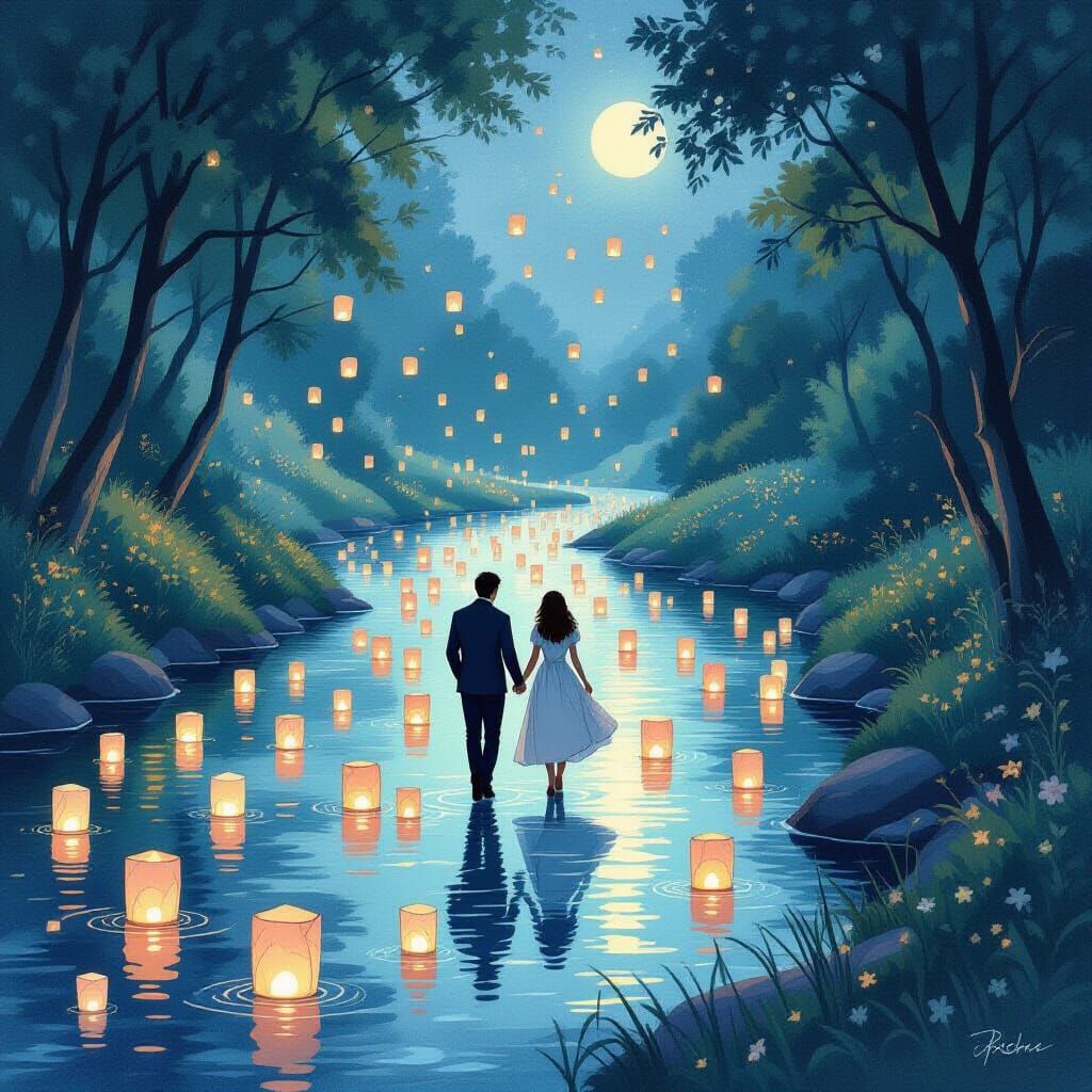 Magical River Lanterns: A Romantic Illustration