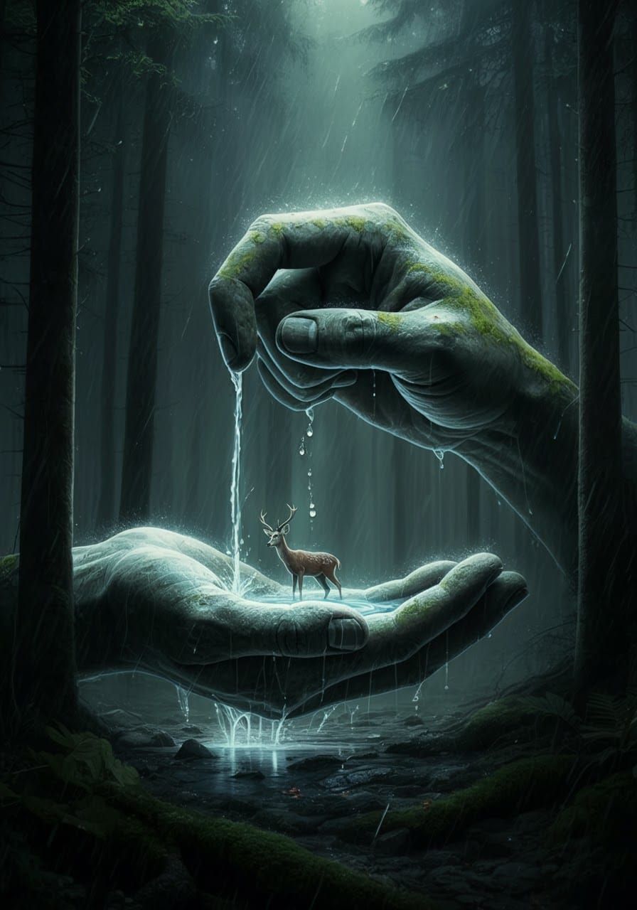 Surreal Stone Hands Emerge in Rainy Forest