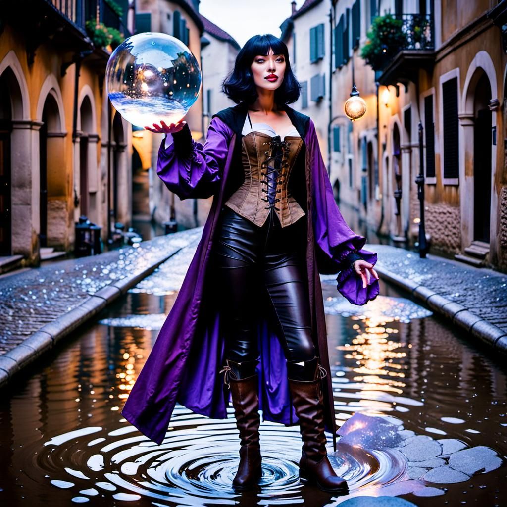 Young Woman Wizard Casting Water Ball Spell