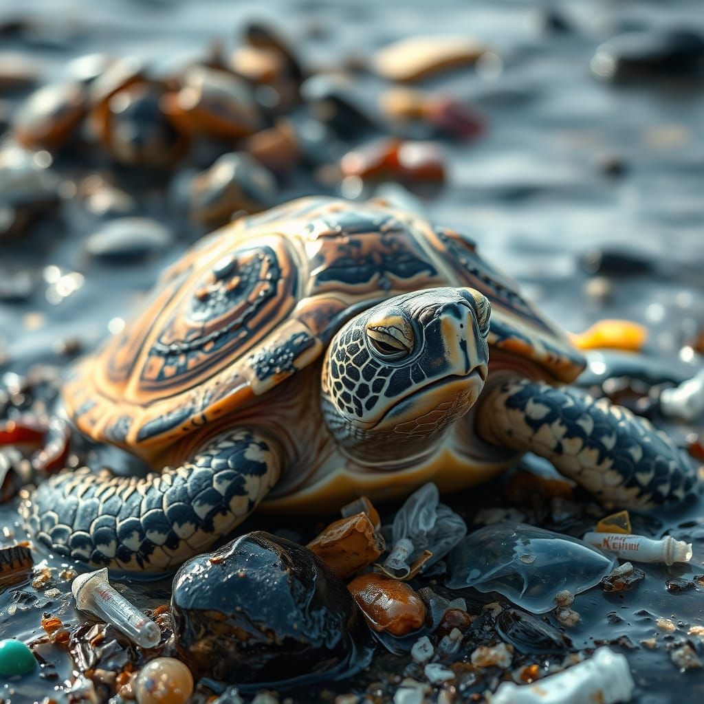 Sorrowful Turtle Rises Amid Ocean Plastic Waste