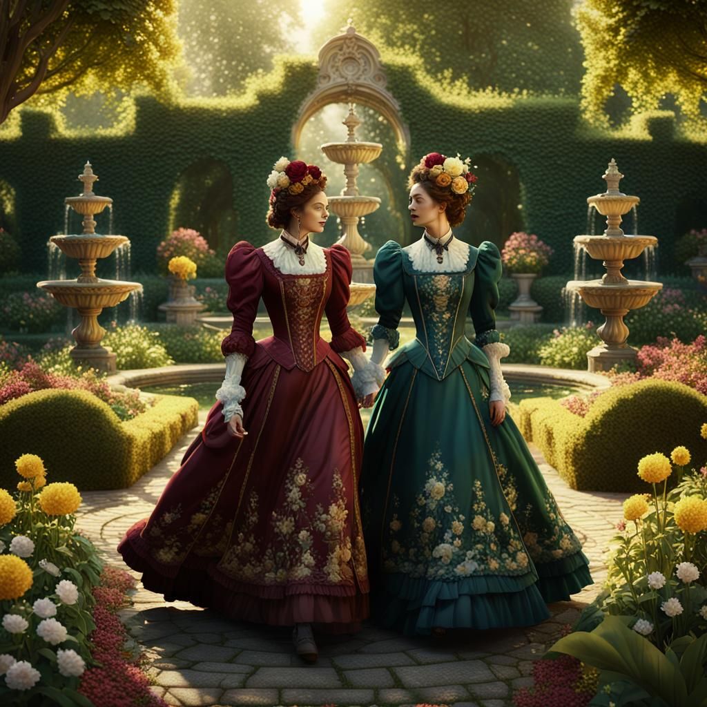 Victorian Ladies in a Dreamlike Art Nouveau Garden