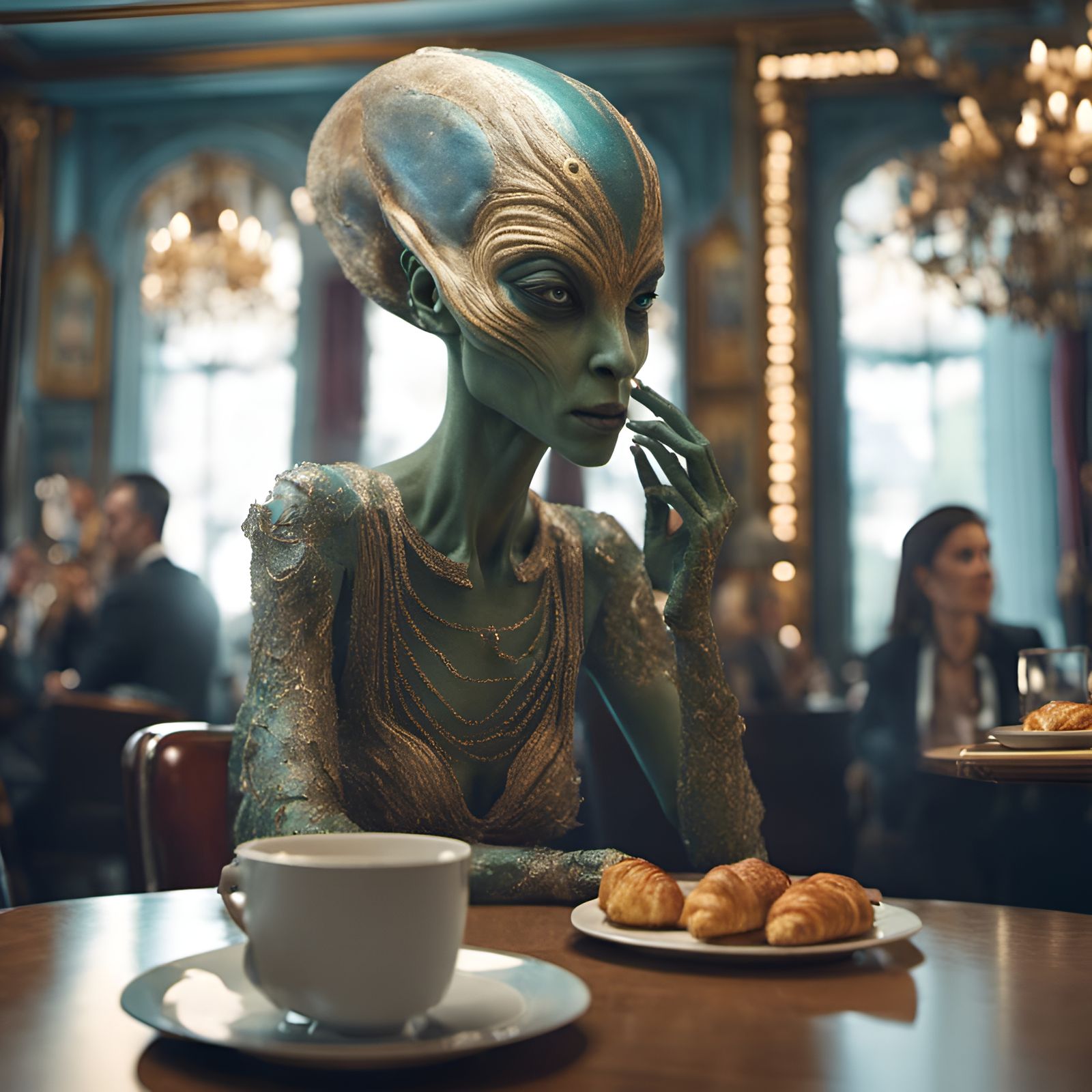 Alien Women Enjoying Coffee in Space Restaurant