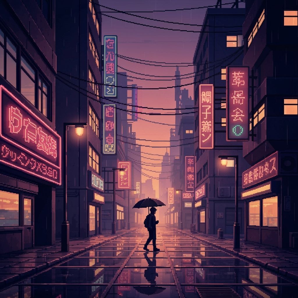 Pixelated Cityscape at Dusk with Neon Glow