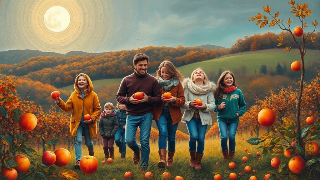 Autumnal Family Apple Picking in Fluorescent Impasto Style