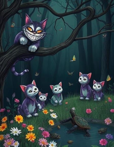 Cheshire Cat's Evil Grin Observes Kittens in Tie-Dye