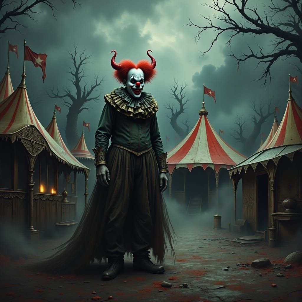 Eerie Clown at Abandoned Circus in Gothic Fantasy Style