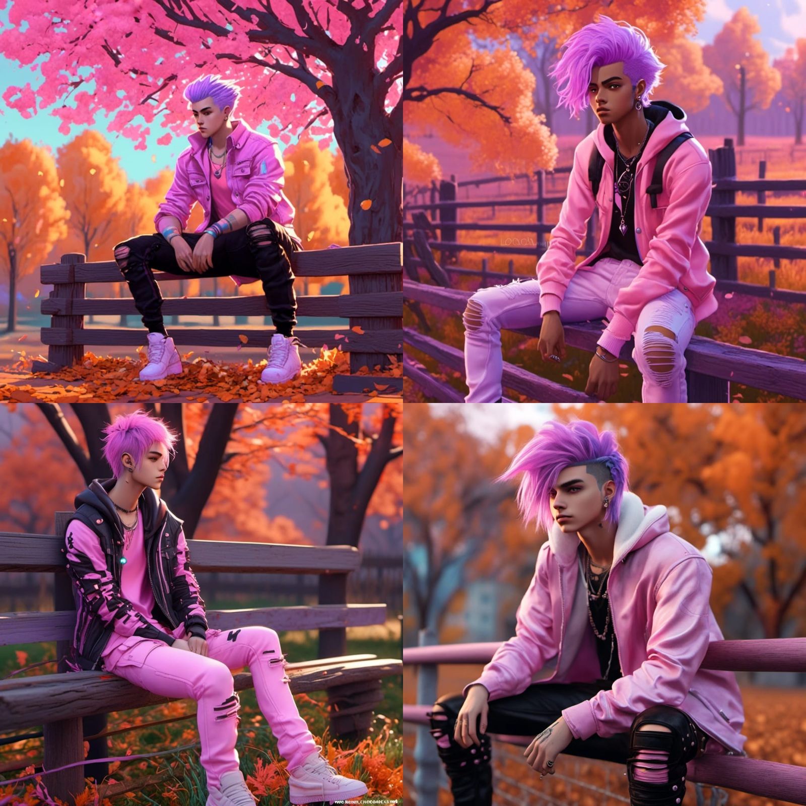 Pastel Goth Man with Purple Hair in Autumn Yard