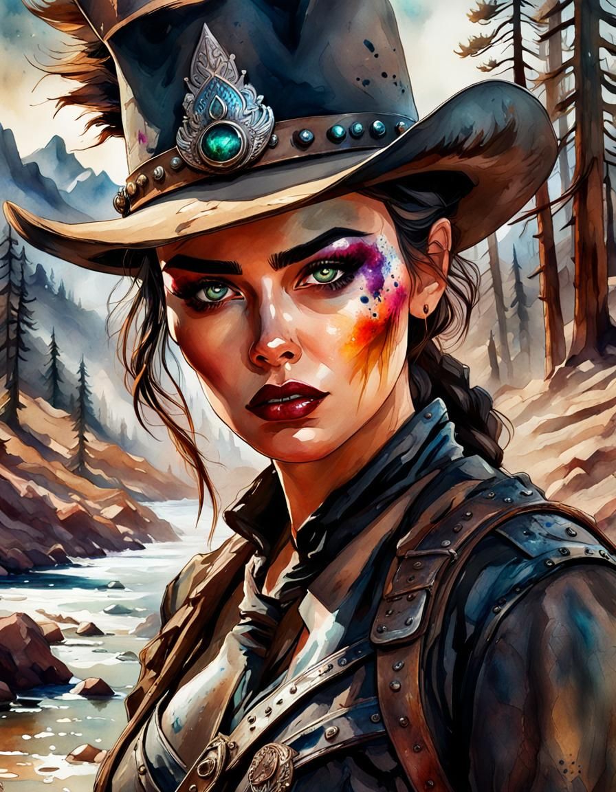 Cowgirl in Wild West Watercolor Splash Art