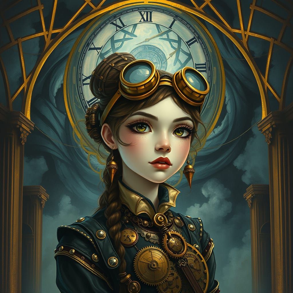 A colourful chalk sketch in the distinctive style of Tim Burton, blended with Art Deco influences, depicts "Chronos’s La...