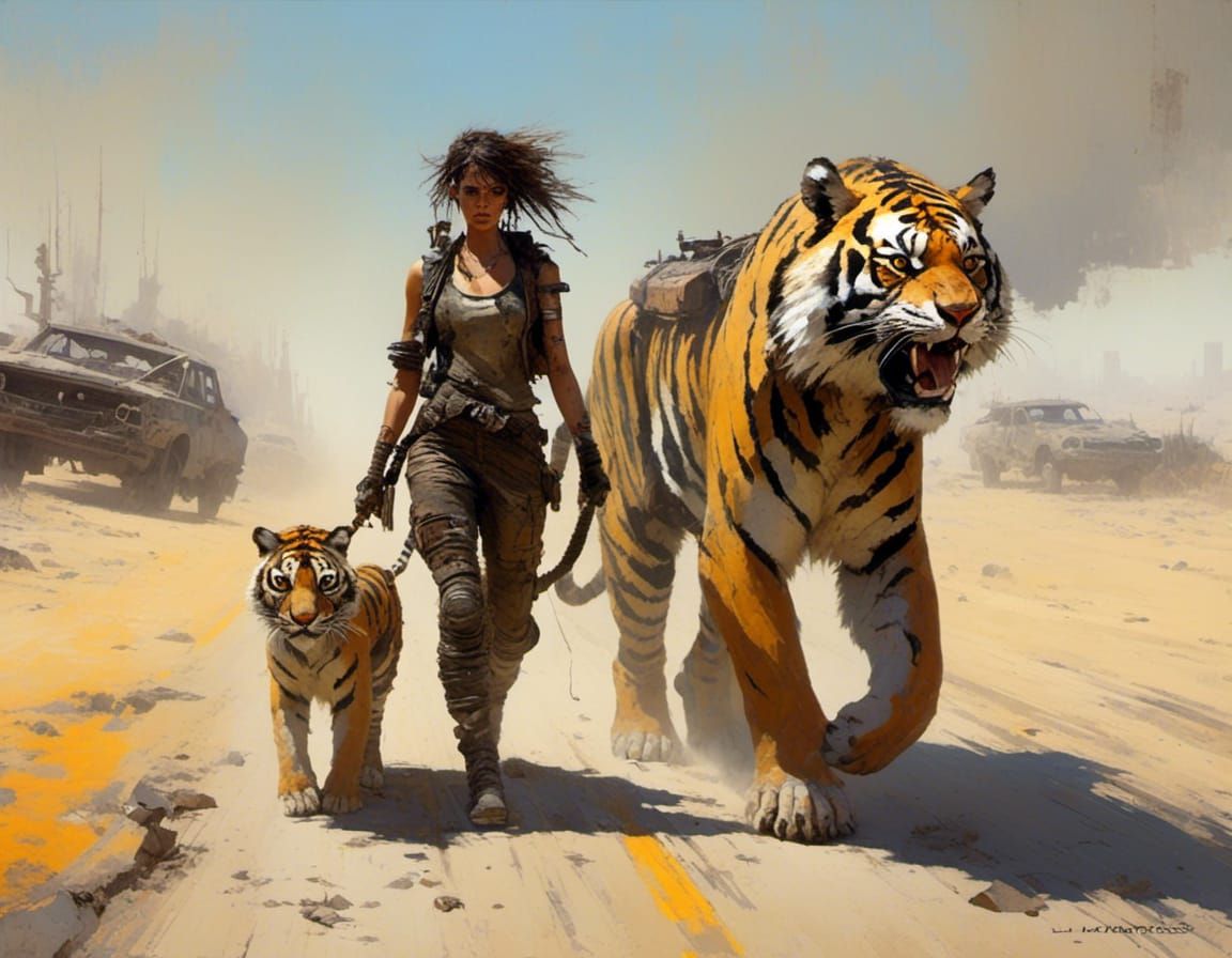 Post-Apocalyptic Woman and Tiger in Mad Max Style