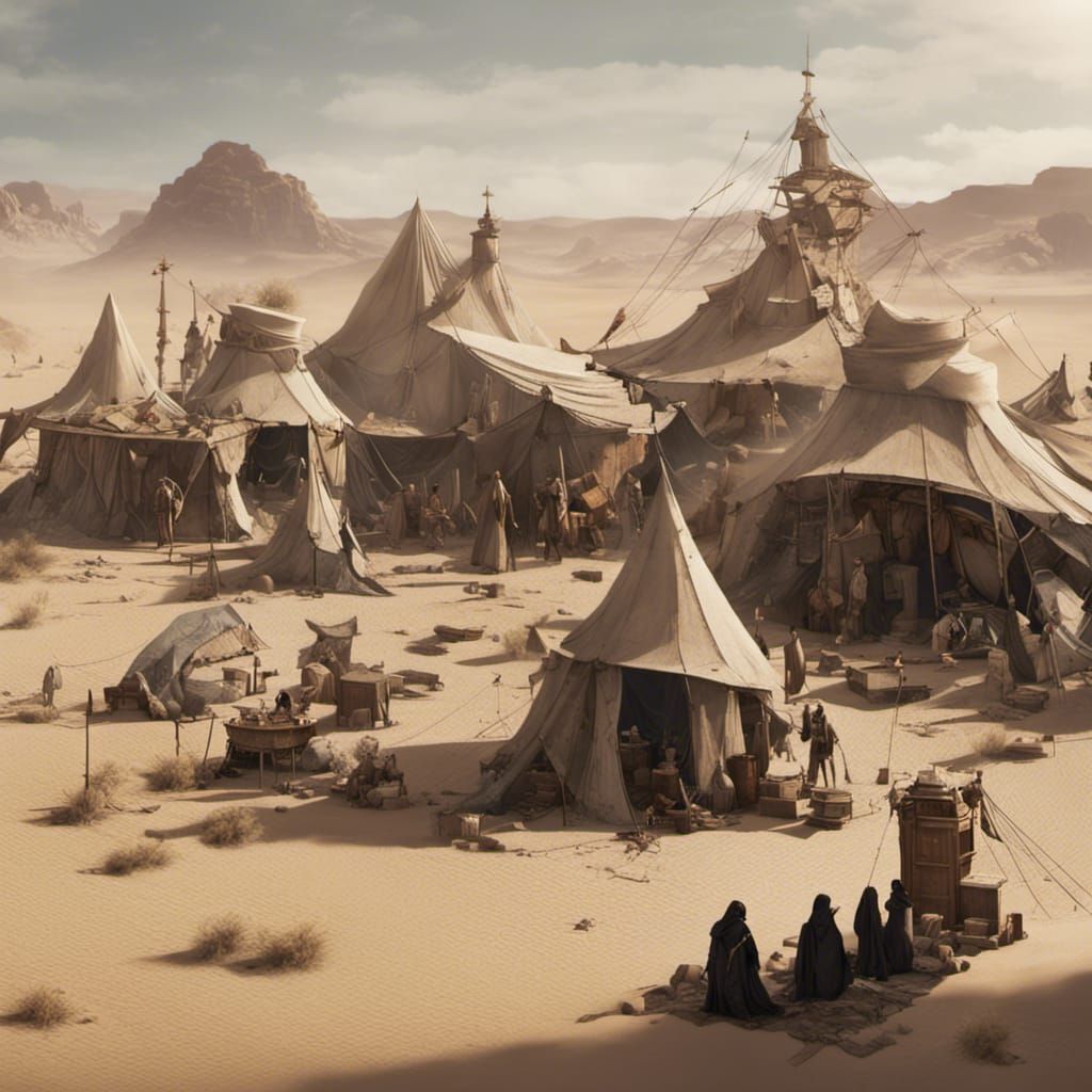 Steampunk Desert Nomad Camp in Anime Style