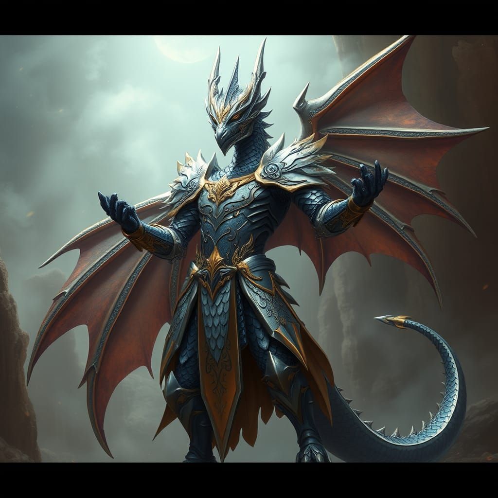 Majestic Dragonkin Knight in Ornate Silver Armor