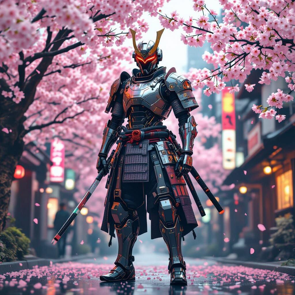 Cyborg Samurai in Neo-Tokyo: Photorealistic Anime Style