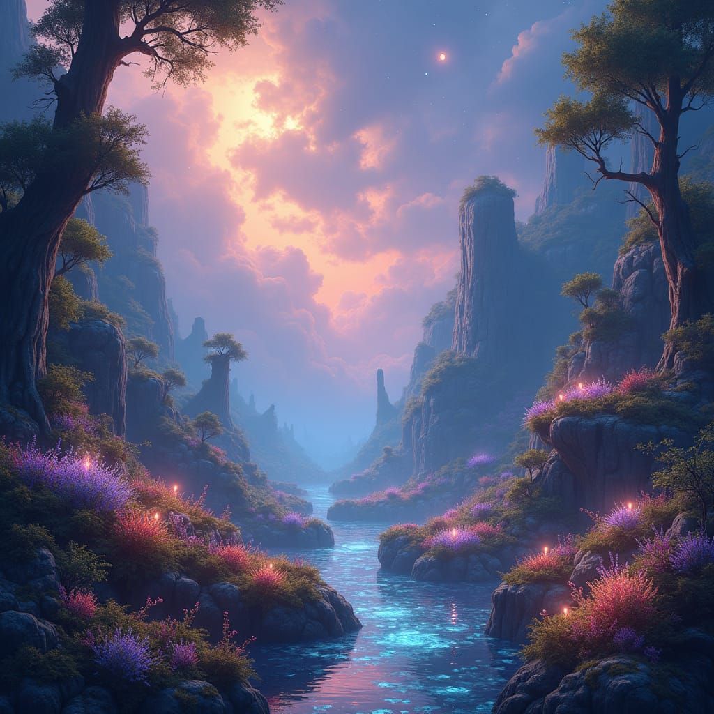 Vibrant Cosmic Fantasy Landscape in Ethereal Style
