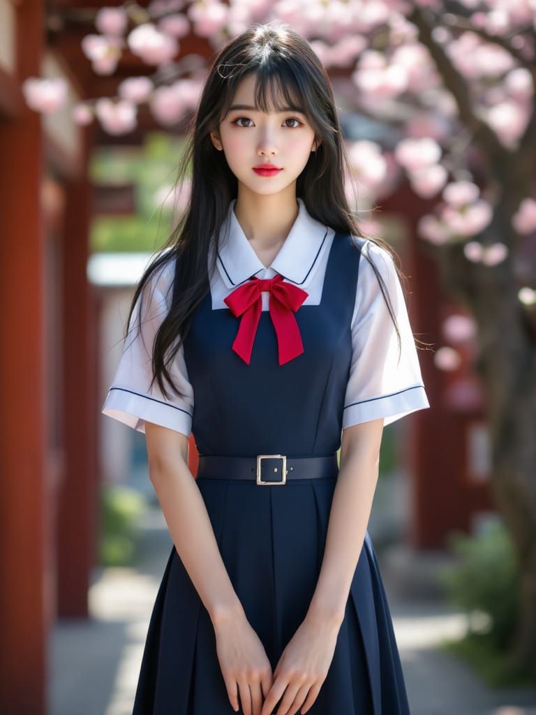 Kaori in Japanese School Uniform at Shrine with Cherry Bloss...