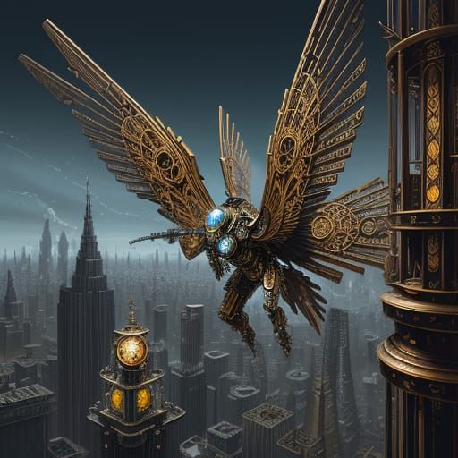 Steampunk Automaton Soaring Through Futuristic Cityscape