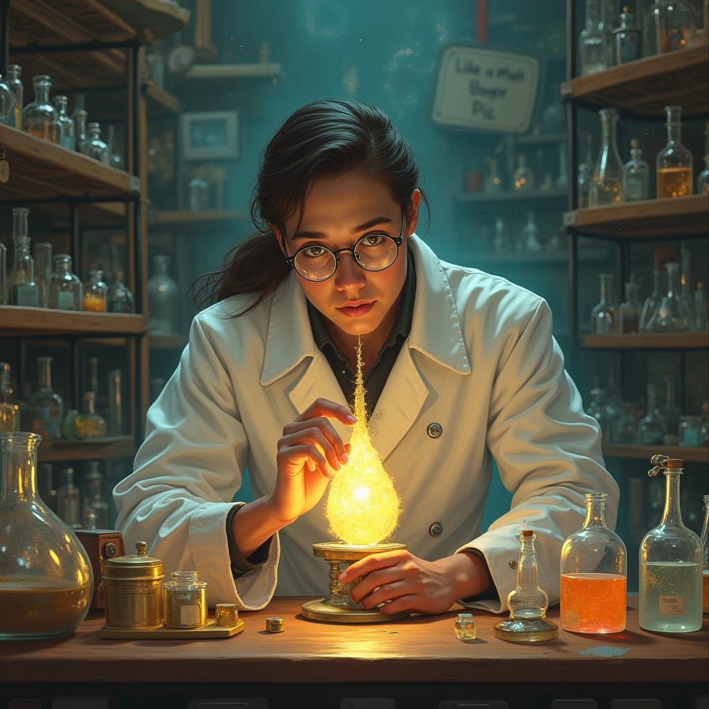 Futuristic Scientist Discovers Glowing Noxic Droplet in Lab