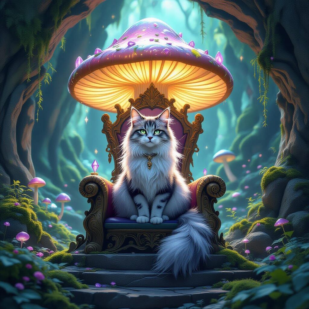 Amethyst Cat King on Mushroom Throne