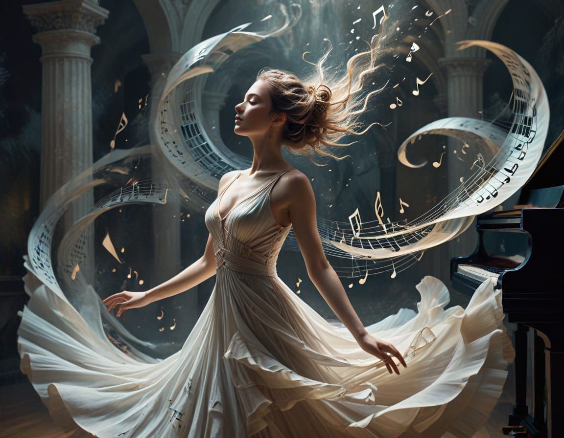 Surreal Dancer in Oil Paint with Piano Keys