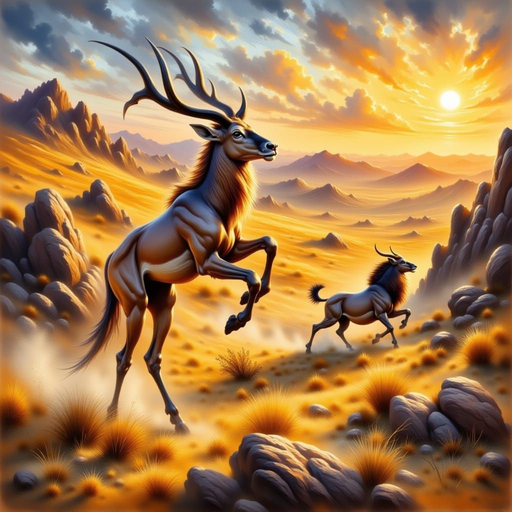 Realistic Leaping Gazelle in Sunset Landscape