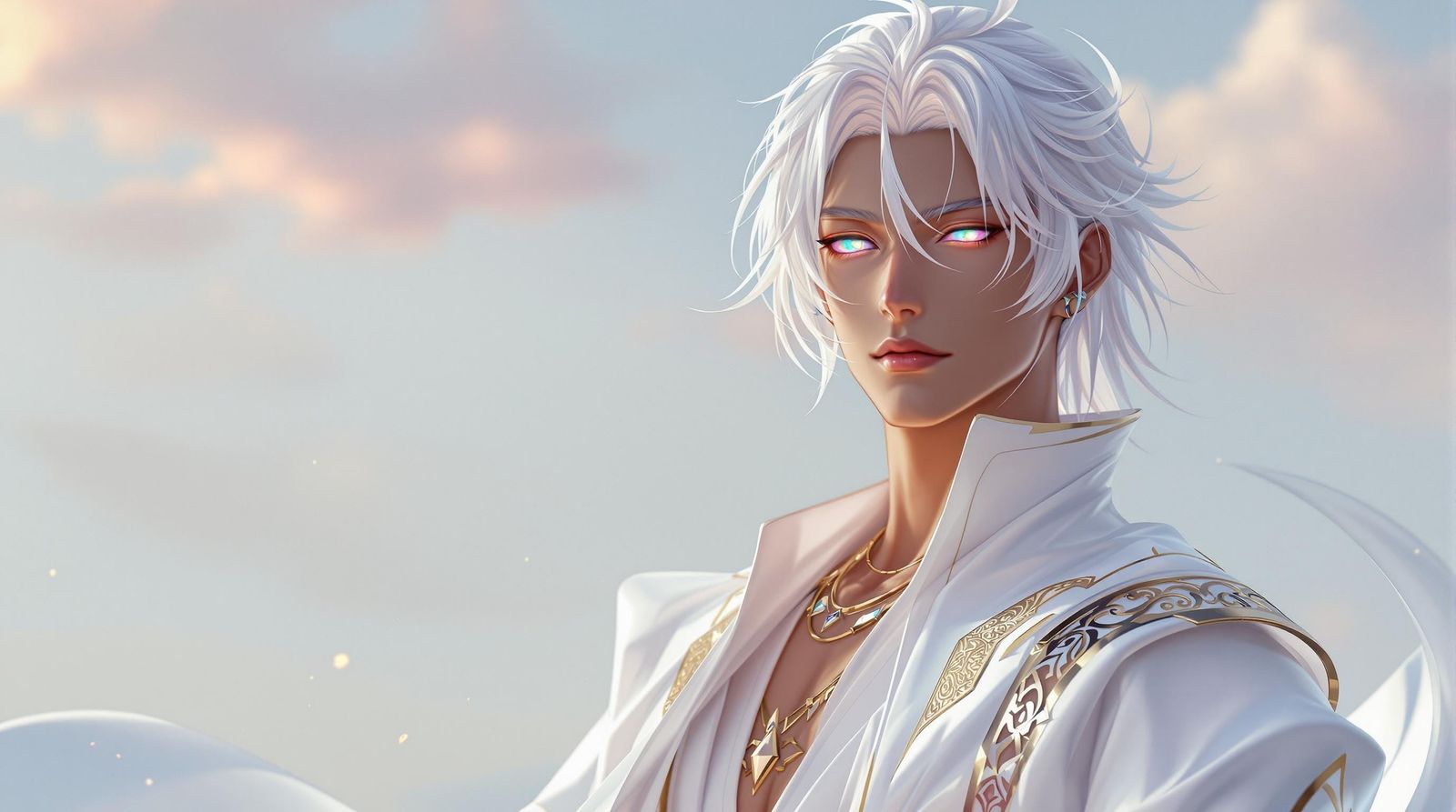 Golden Youth with Shifting Eyes in Ethereal Glow