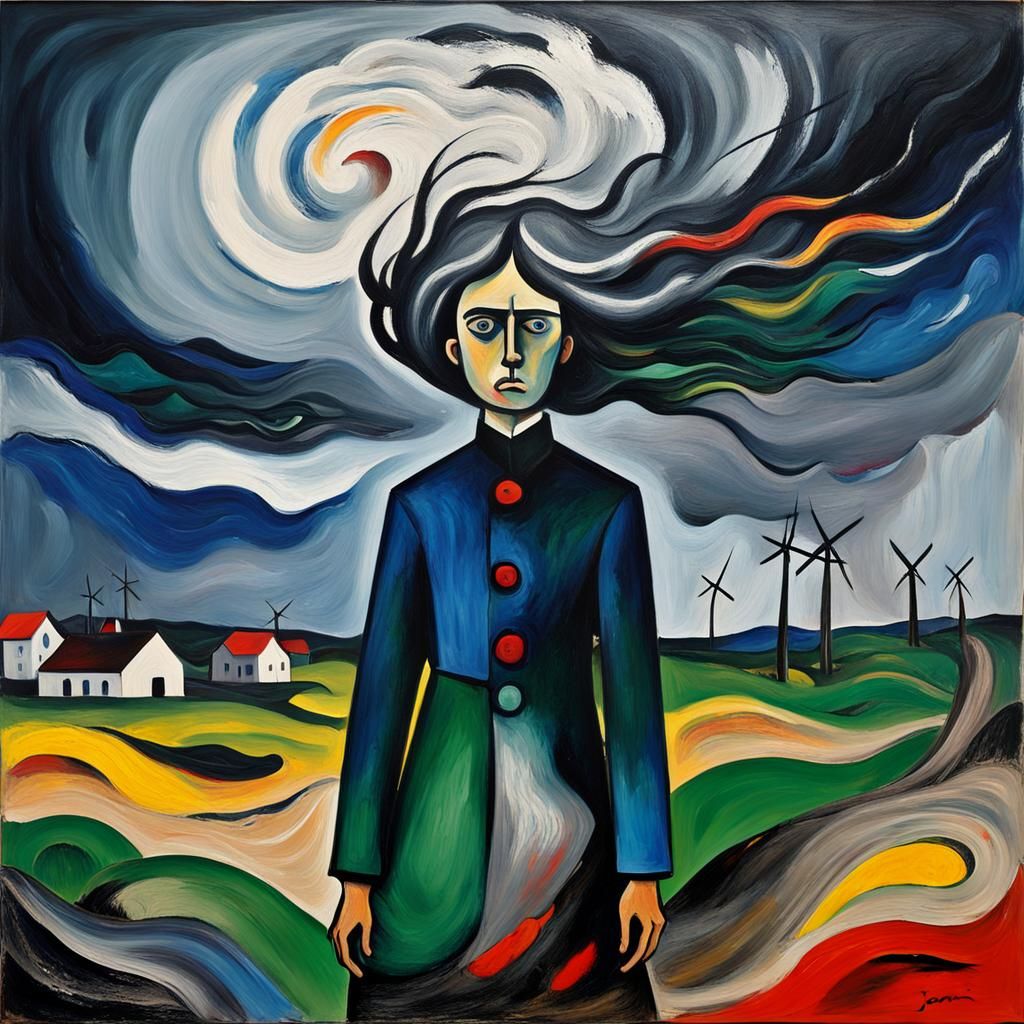 Person in Tornado: Expressionist Painting with Chaotic Energ...