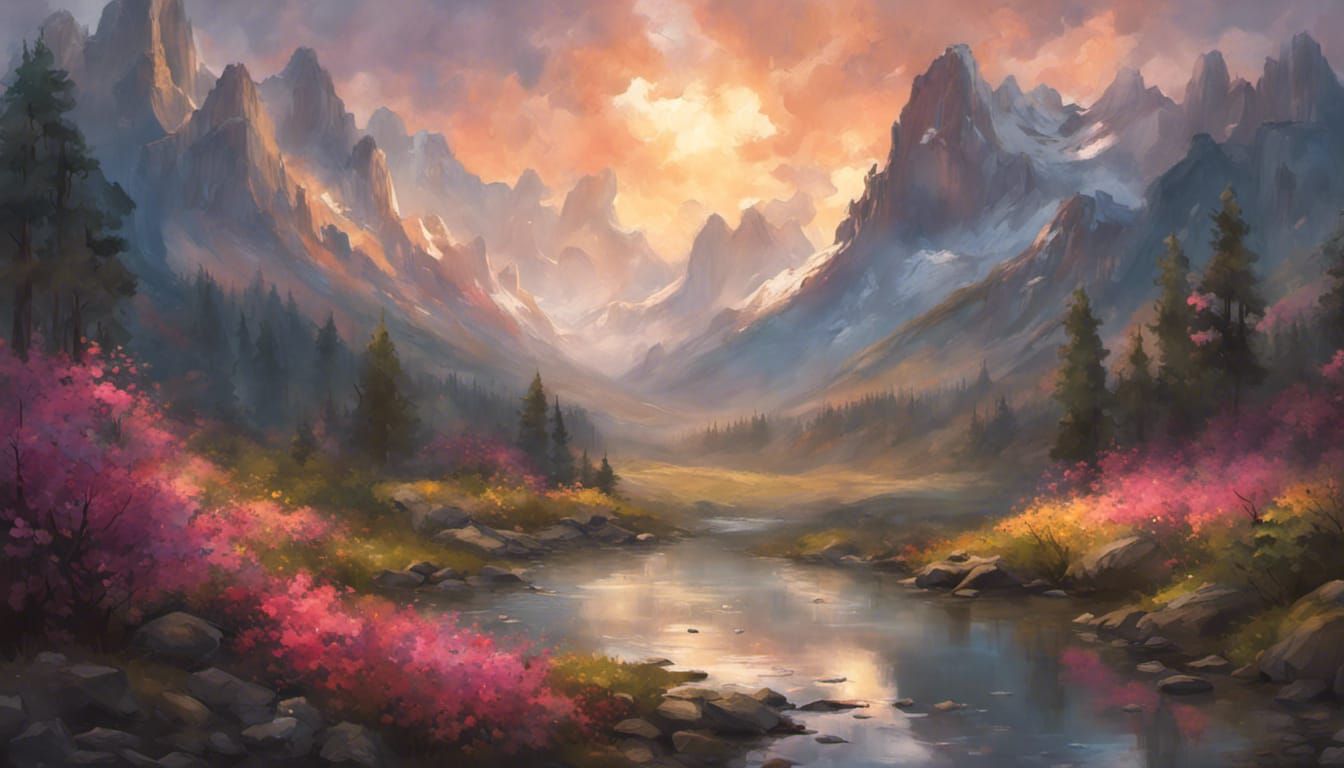 Mountain Landscape Painting with Waterfalls and Wildlife