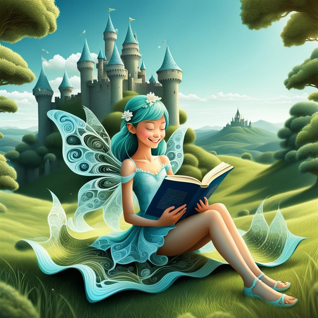 Pixie Fairy Reading Book in Grassy Field