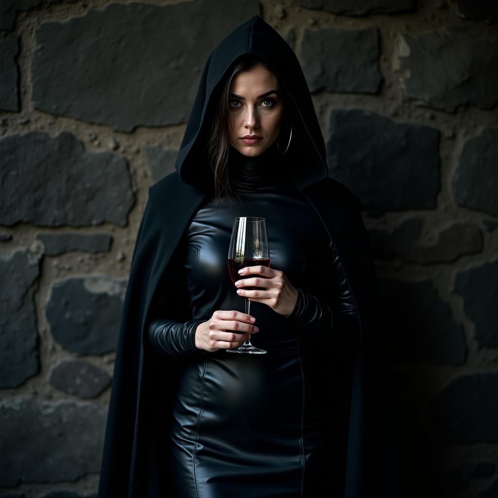 Woman in Black Leather Cloak with Wine, Film Noir
