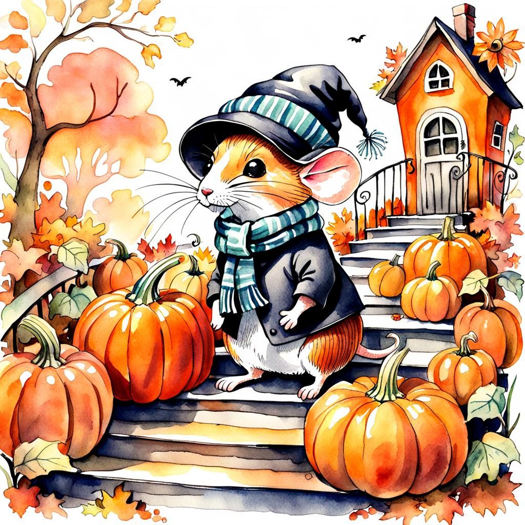 Mouse's Pumpkin House: Watercolor Sketch