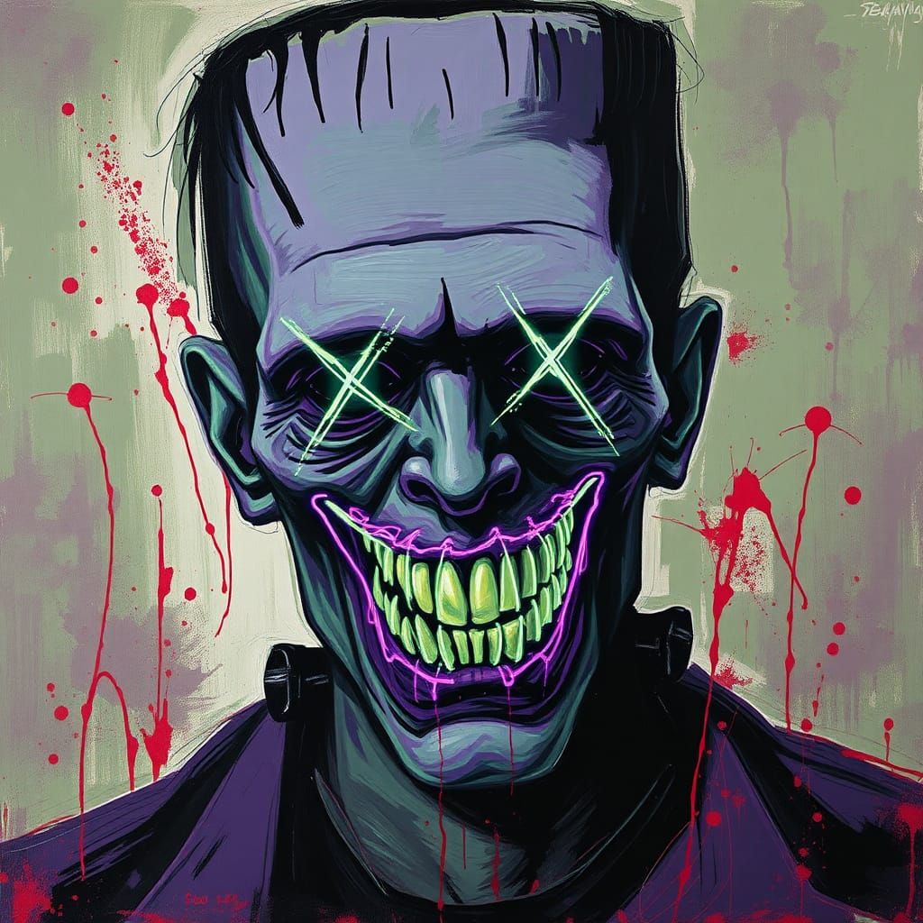 Grotesque Frankenstein Portrait in Bacon and Basquiat Style