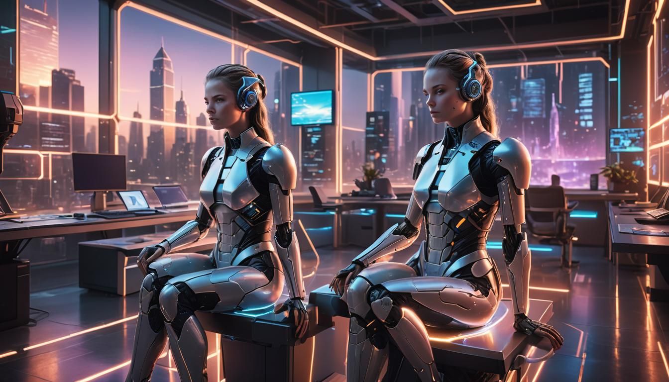 Android at Holographic Interface in Cyberpunk Office