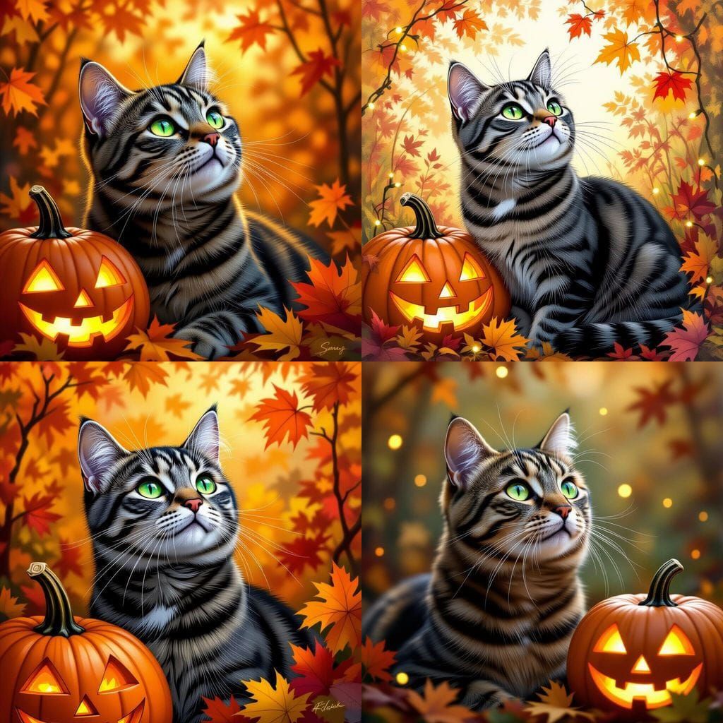Grey Tabby Cat in Halloween Pumpkin Patch