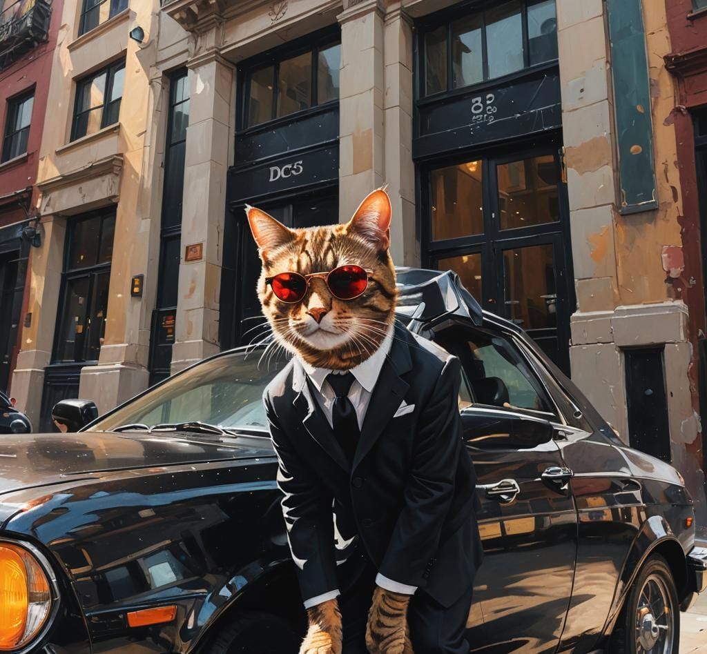 Cat in Suit Coming out of Car