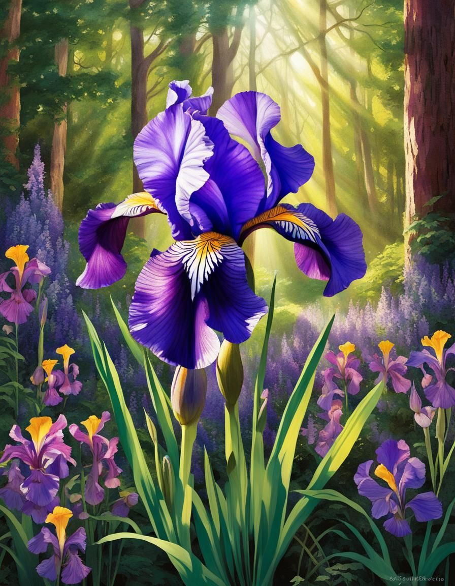 Enchanted Woodland: Purple Iris Among Wildflowers
