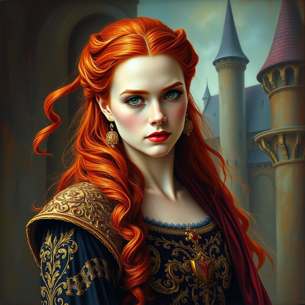 Medieval Queen with Red Hair in Oil Painting Style