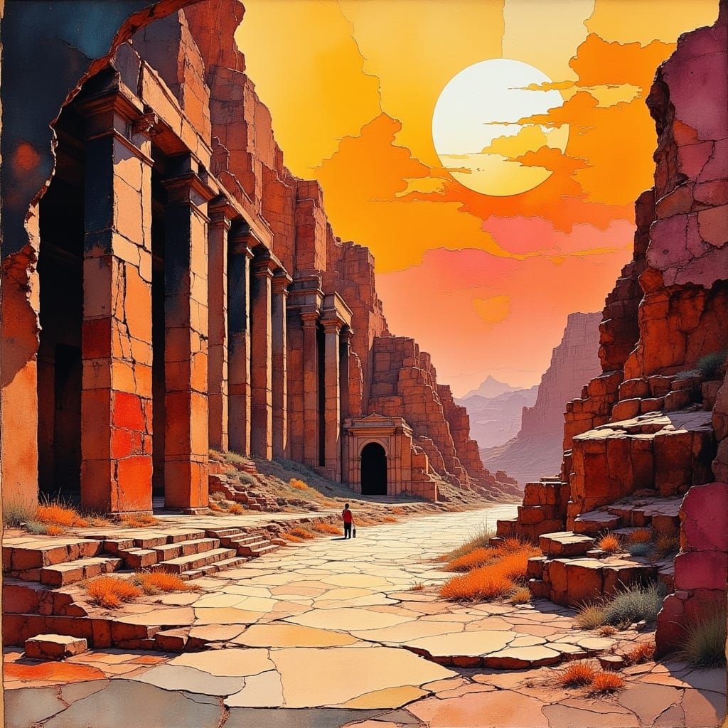 Hyperdetailed Charcoal Drawing of Petra Ruins