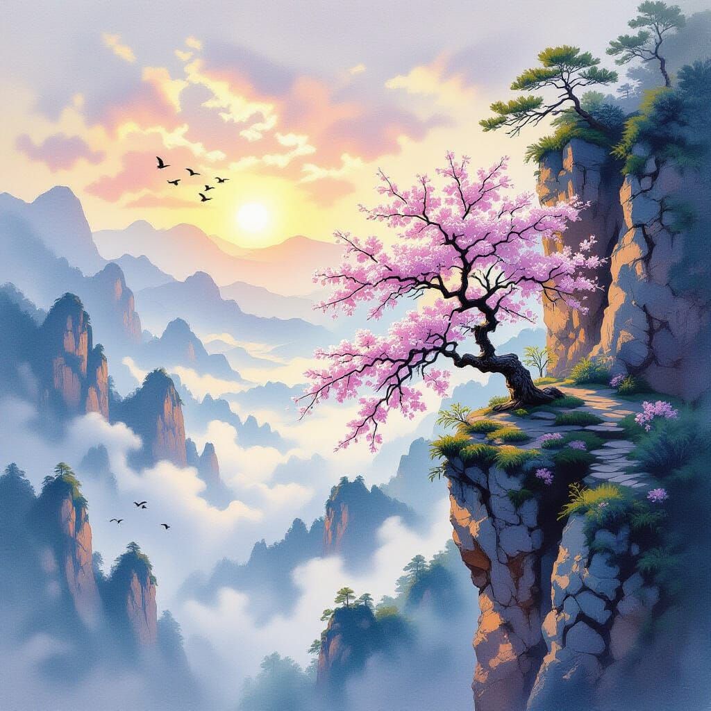 Cherry Tree on Cliffside in Impressionist Gouache Style