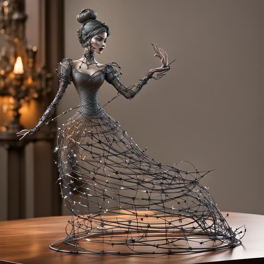 Iridescent Barbed Wire Cinderella Sculpture in Castle Tower
