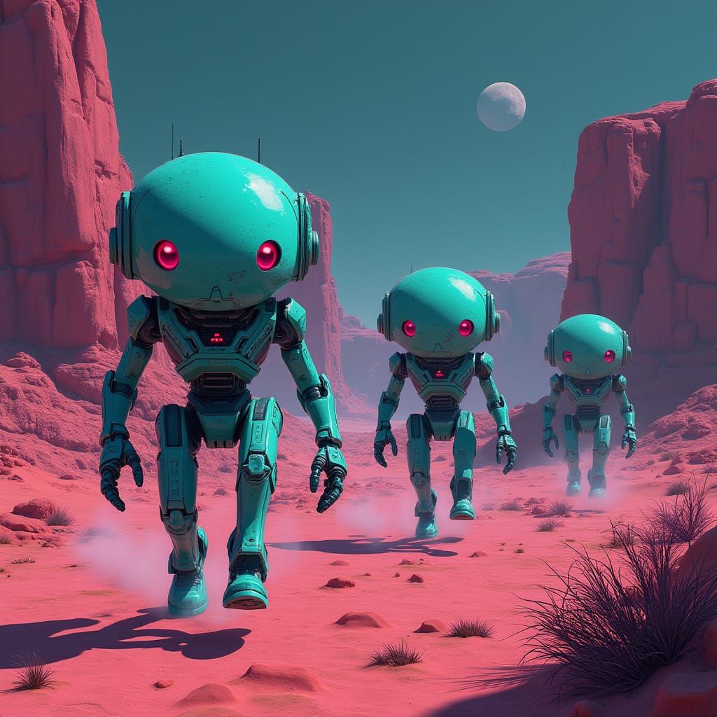 Cyberpunk Robots Explore Alien Desert in Neon-Lit Landscape