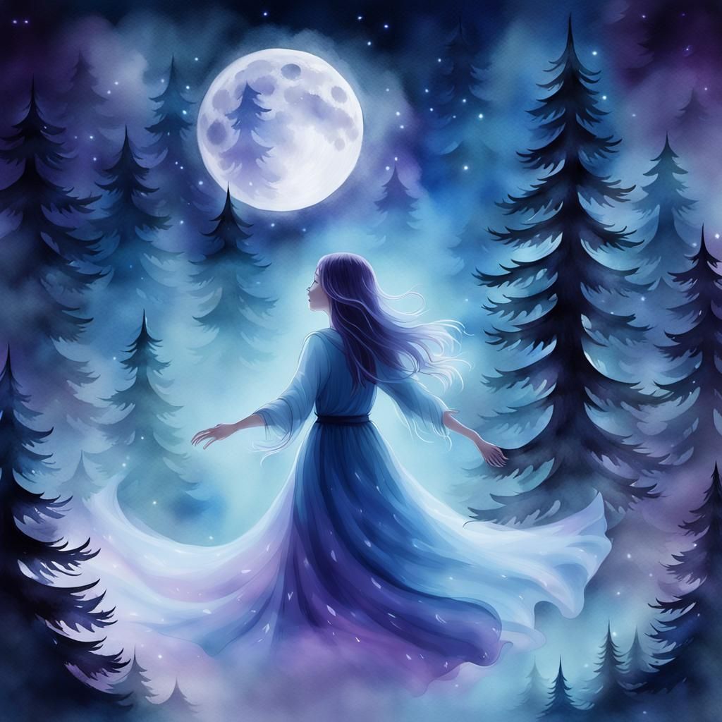 Ethereal Ghost Dance in Moonlit Conifer Forest