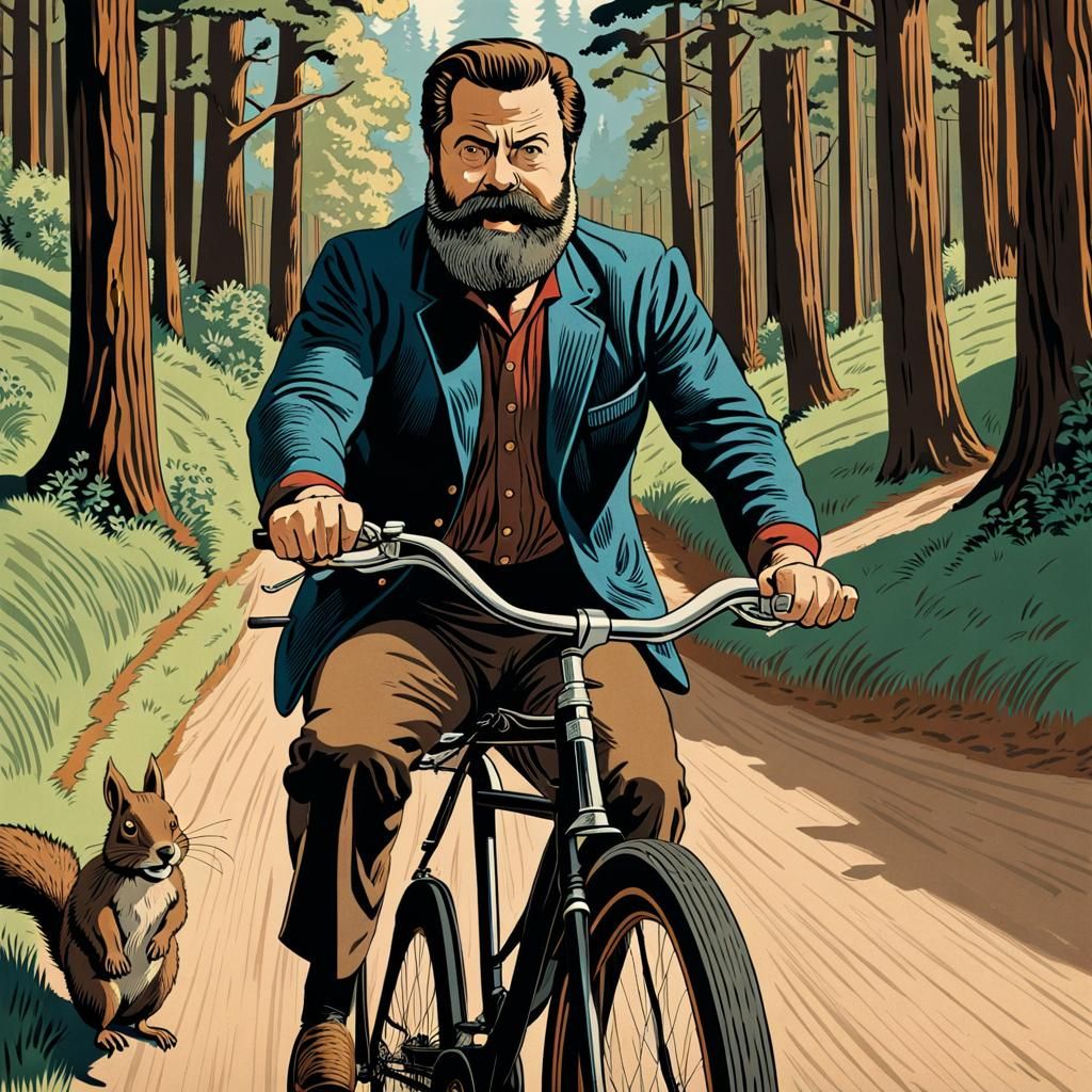 Foreground features Nick Offerman, with a full beard and jov...