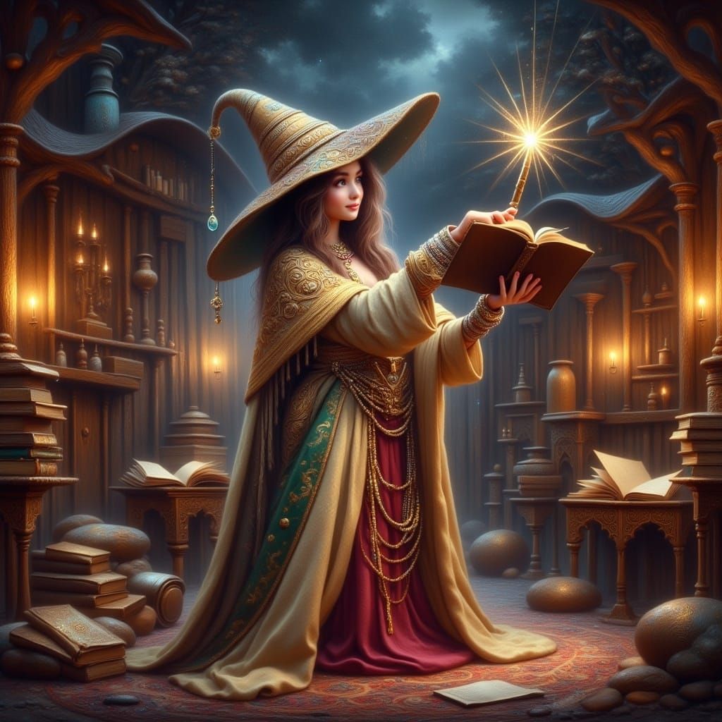Young Wizard Conjuring Magic Book in Classroom