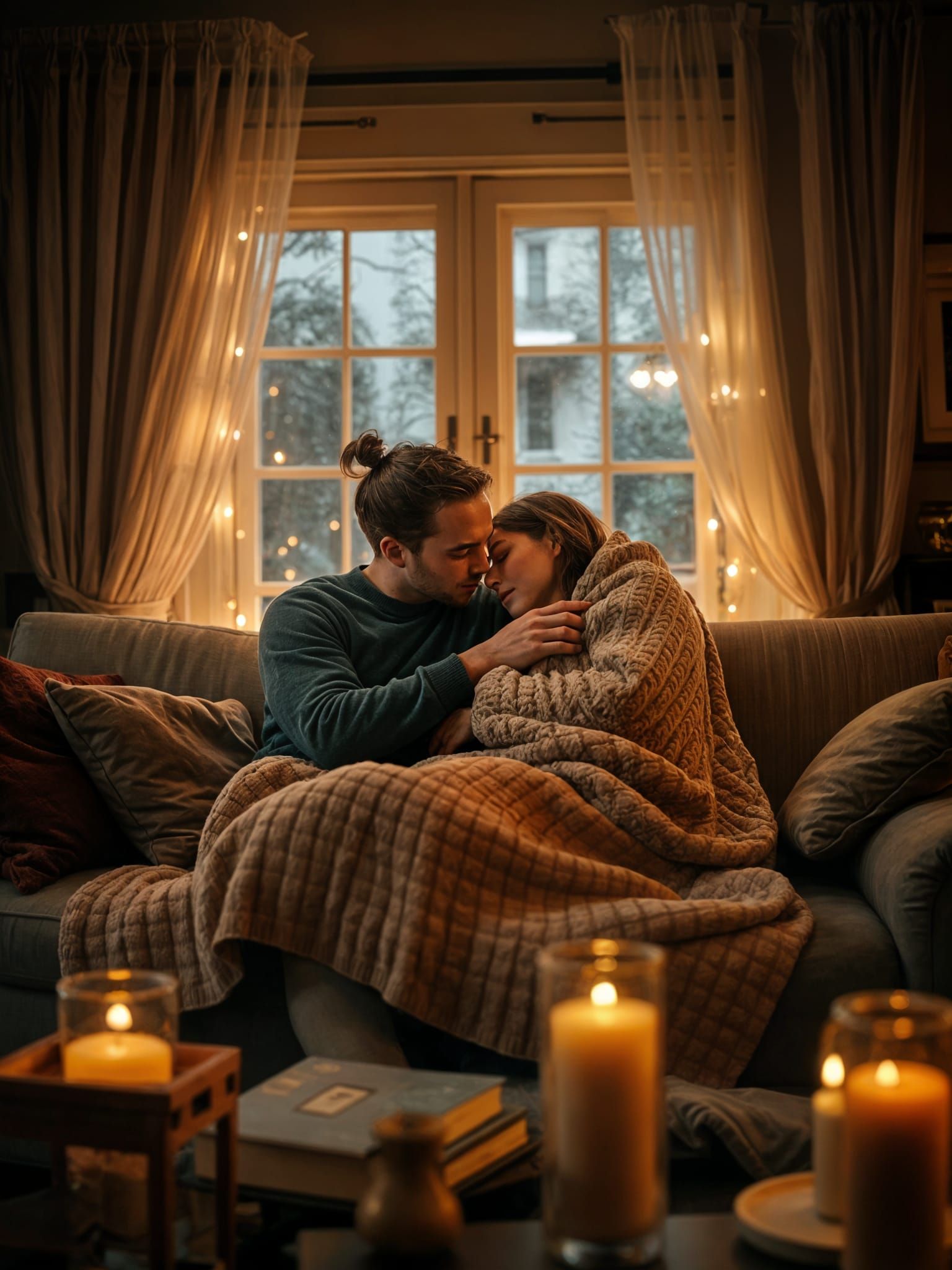 Cozy Couple Snuggling in Warmly Lit Living Room