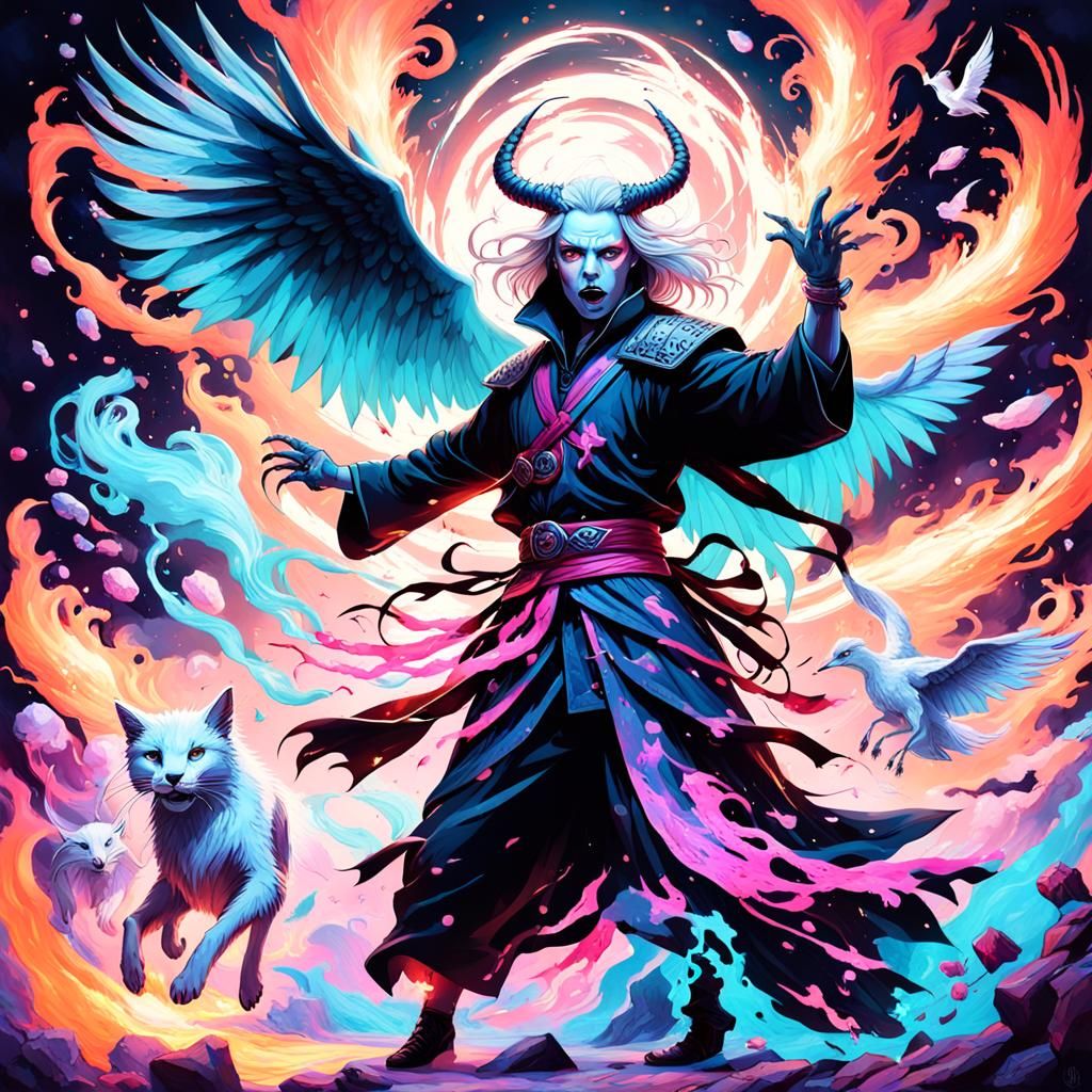 Witch Warrior in Neon Splendor, Levitating with Demon Cat an...