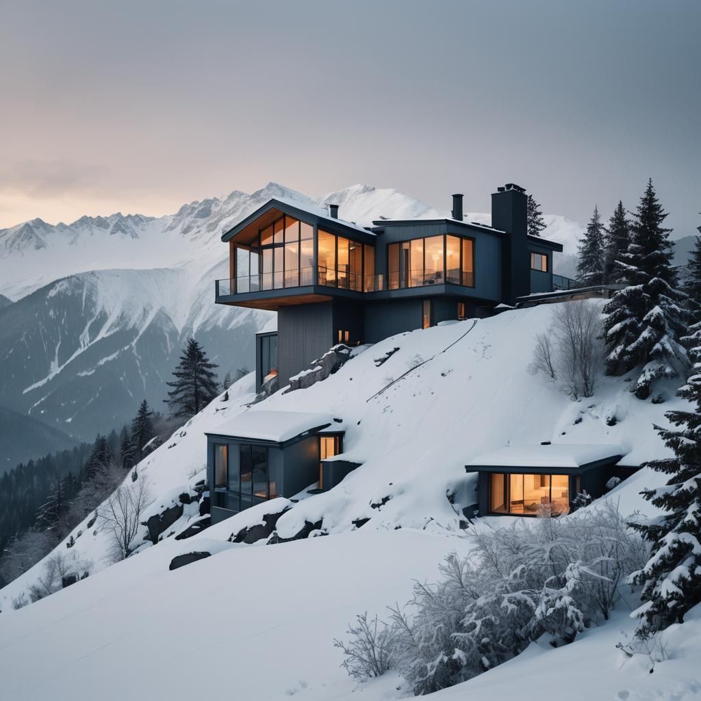 Minimalist Mountain Lodge in Blizzard Weather