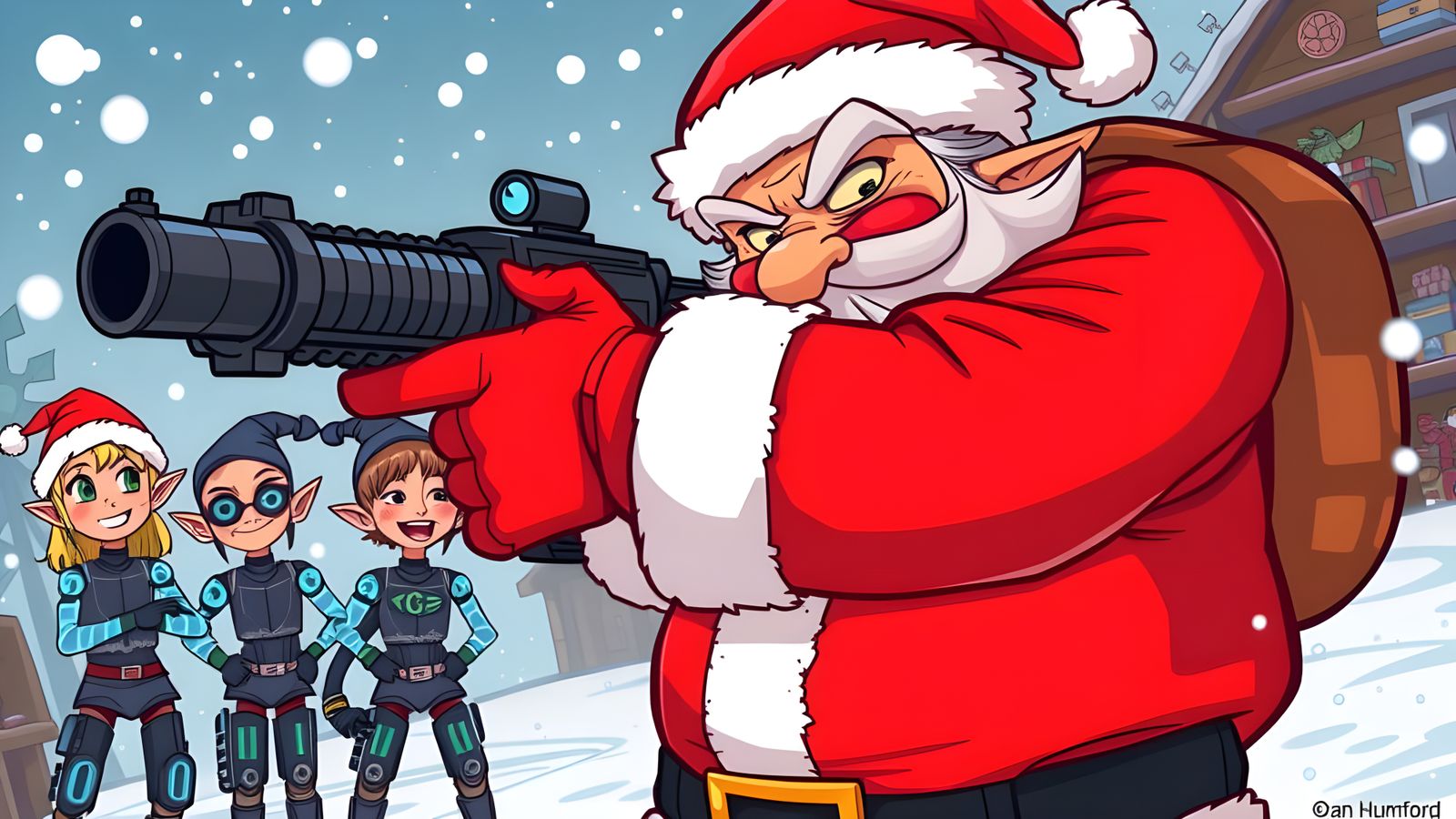 Cyborg Christmas Chaos in Cartoon Style