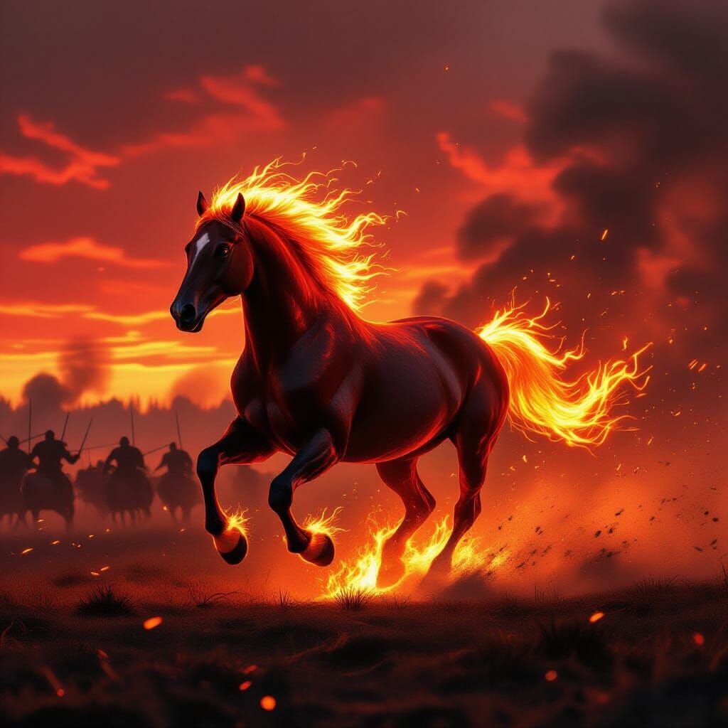 Fiery Horse Gallops Across Battlefield in Fantasy Style