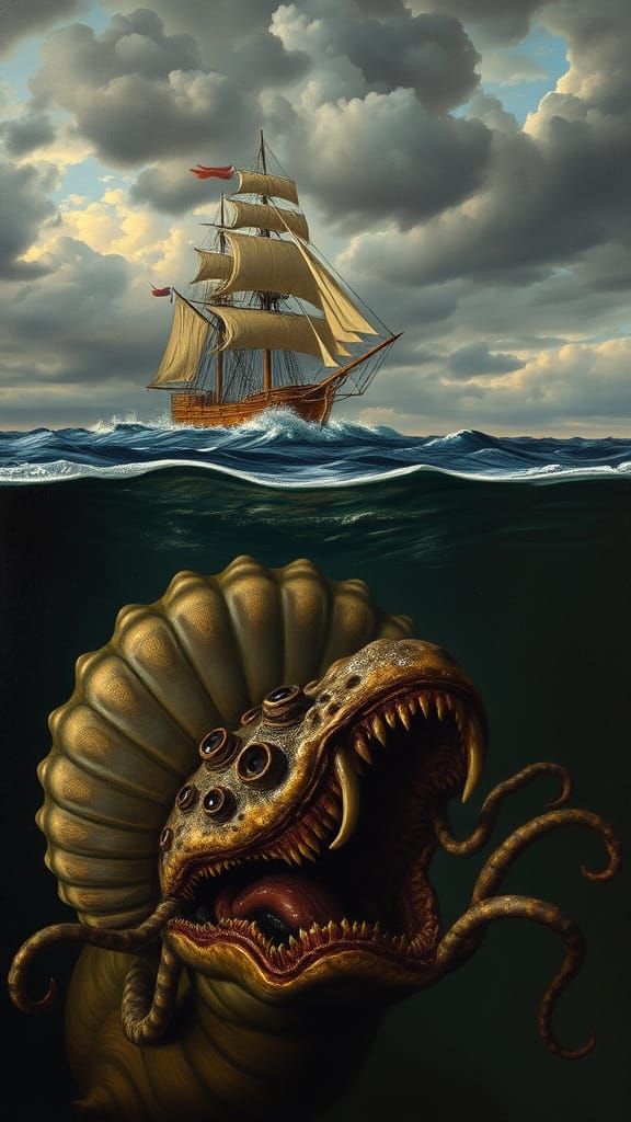 Dutch Renaissance Painting of Stormy Sea and Ancient Sea Mon...